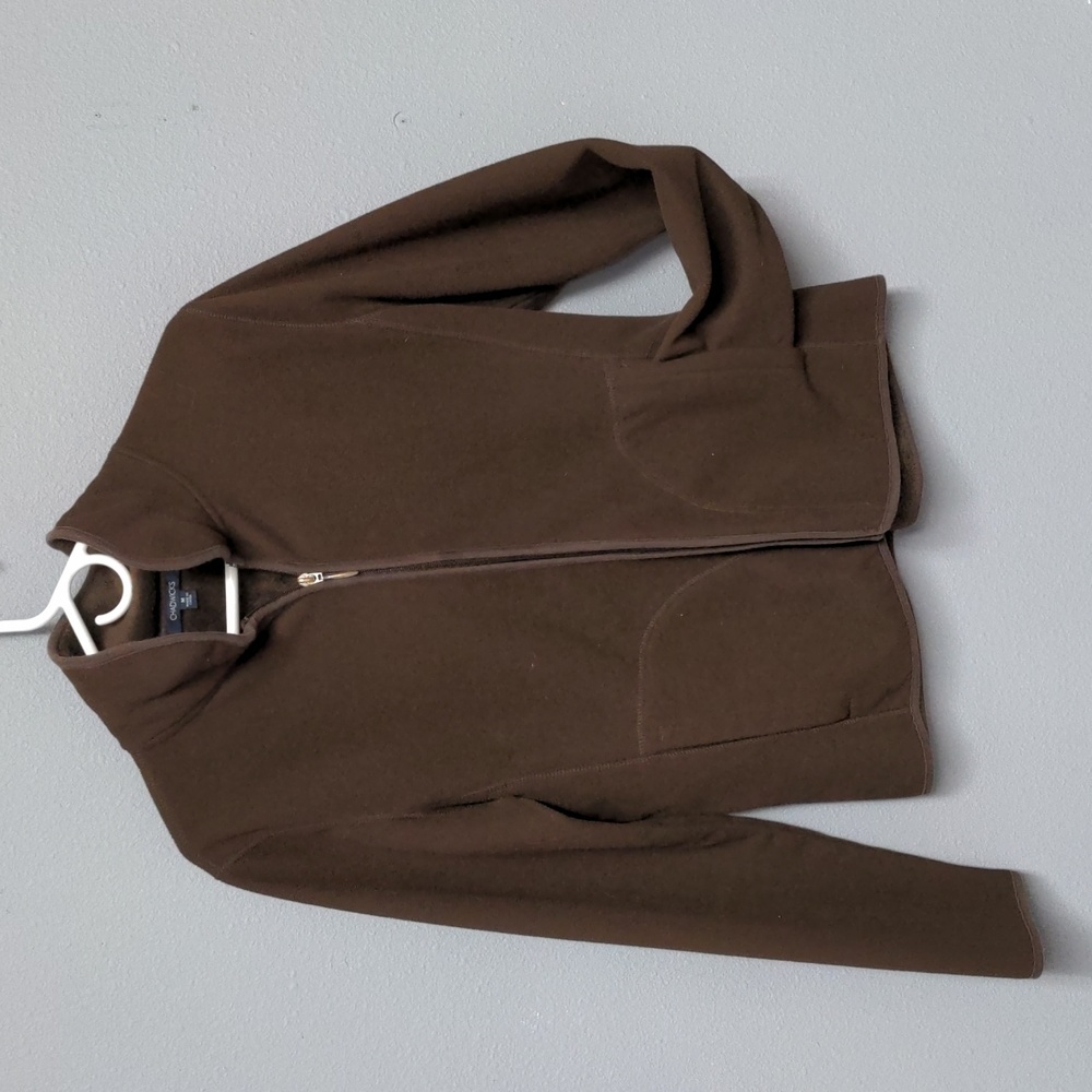 M brown fuzzy zip up fleece jacket chadwicks pockets and fold down collar